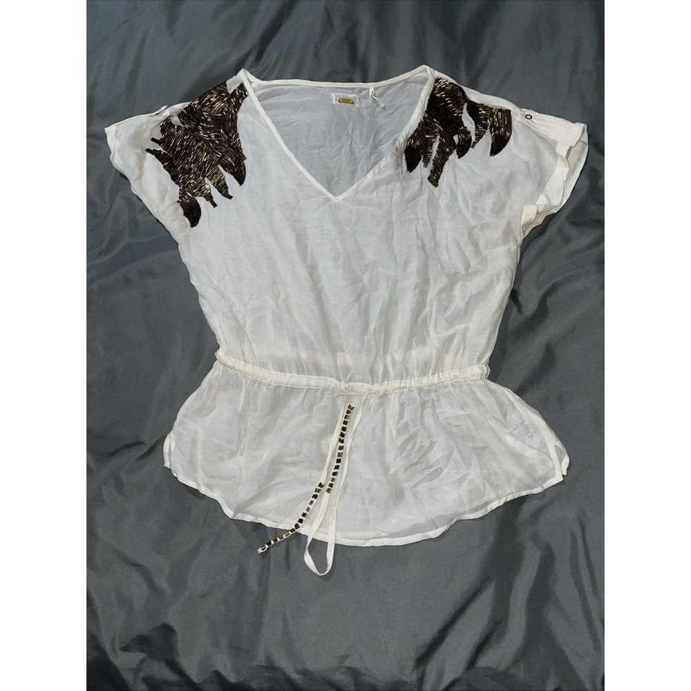 Women's Guess Shirt Short Sleeve Sheer With Bronze‎ Beaded Accents Size Medium